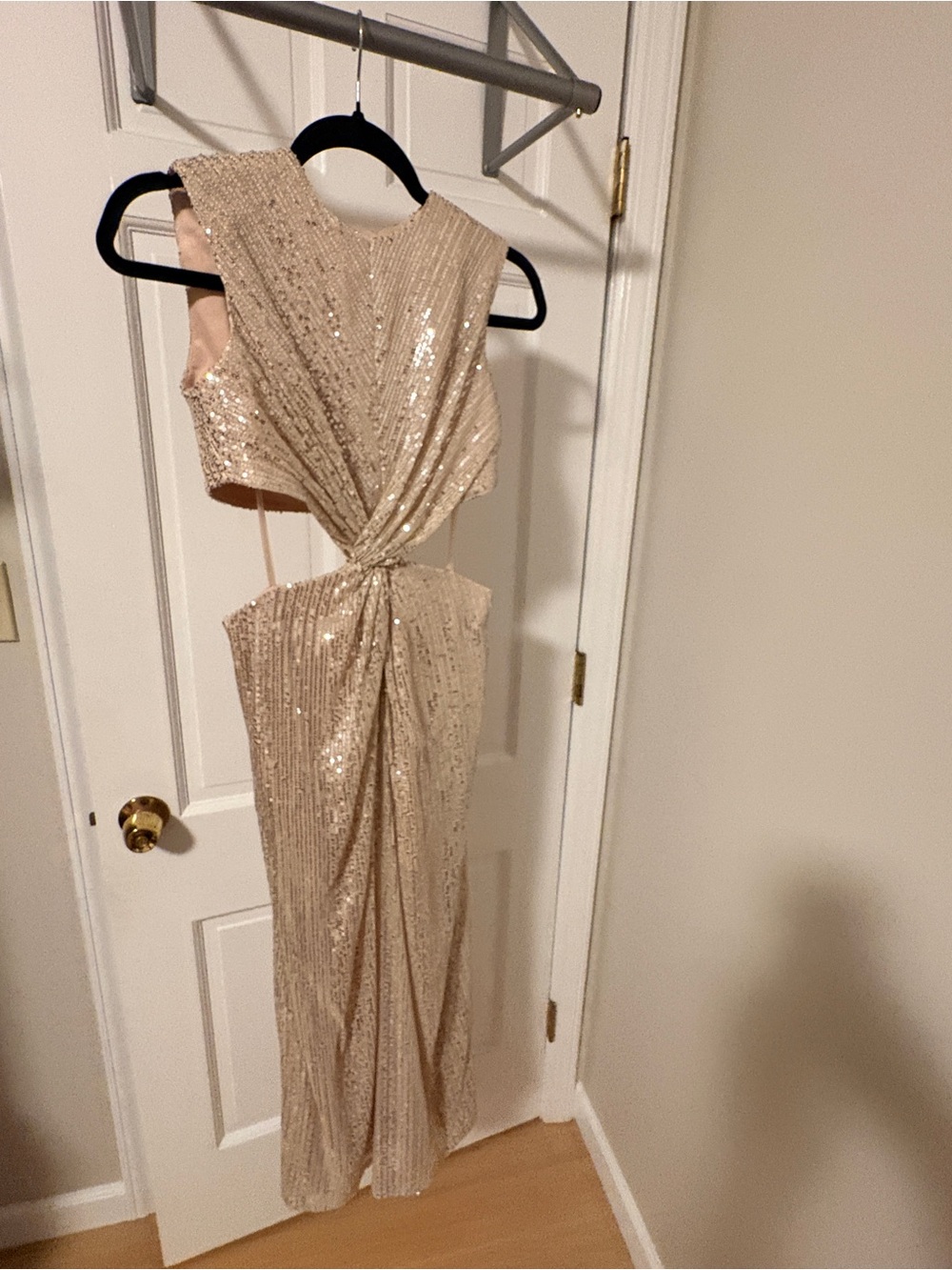 Mac Duggal Champagne Sequin side cut out Twist Gown - 27022